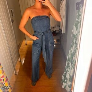 Strapless Blue Denim Utility Jumpsuit MEDIUM